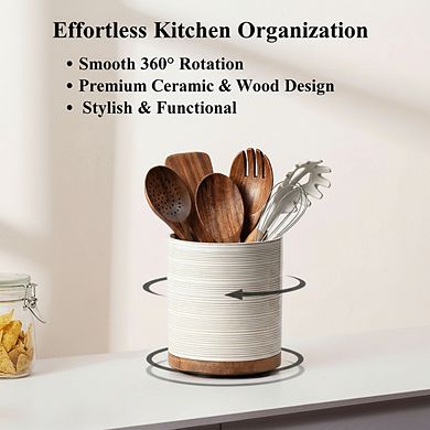 Rotating Ceramic Utensil Holder with Wooden Base for Countertop Organization