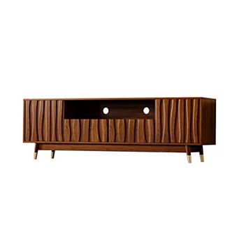 Brown Wood Media Console, Walnut Finish Mid Century Modern TV Stand for 75 Inch TVs with Storage