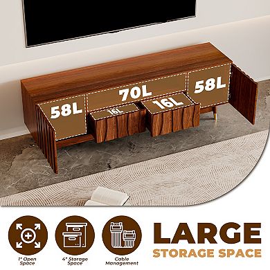 Brown Wood Media Console, Walnut Finish Mid Century Modern TV Stand for 65 Inch TVs with Storage