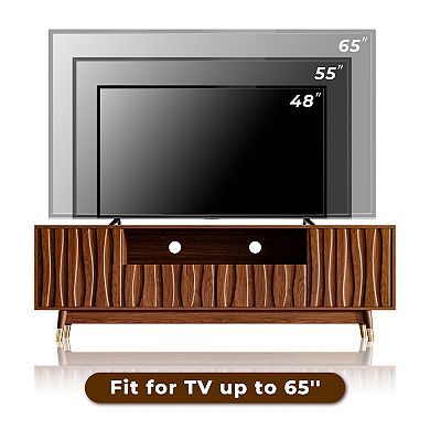 Brown Wood Media Console, Walnut Finish Mid Century Modern TV Stand for 65 Inch TVs with Storage