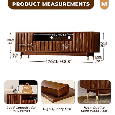 Brown Wood Media Console, Walnut Finish Mid Century Modern TV Stand for 65 Inch TVs with Storage