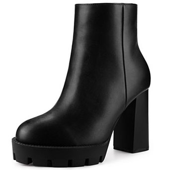 Women's Platform Lug Sole Round Toe Side Zip Block Heeled Chelsea Boots