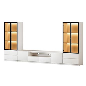 hite Entertainment Center Set for TVs up to 85'', Includes A TV Stand & Two Glass Display Cabinet
