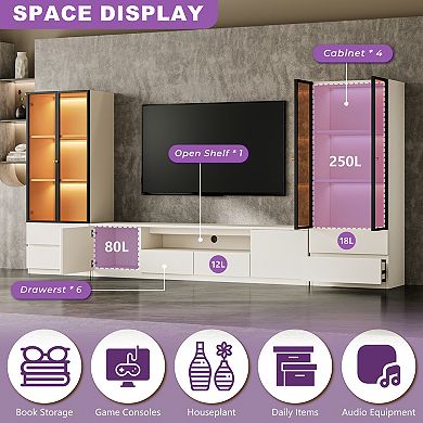 126'' White Entertainment Center for TVs up to 75", Wood TV Stand Modern Media Console Set of 3