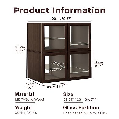 Dual-Sided Glass Display Cabinet, Curio Cabinet for Collectibles, Decor Case for Living Room, 4 Pack