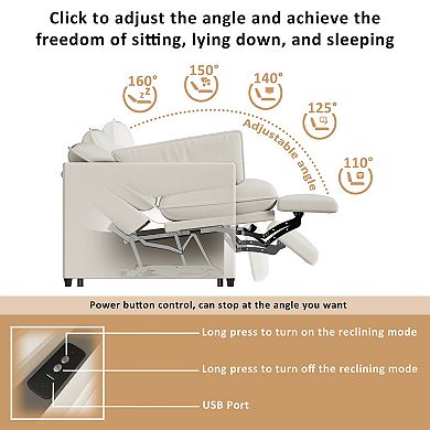 White Chenille Electric Reclining Sofa, 3-seater Power Adjustable Couch, Modular Sectional Couch