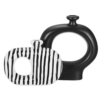 Ceramic Modern Flower Vase, Hollow Striped Art Ceramic Statues Centerpiece Ornament, White and Black