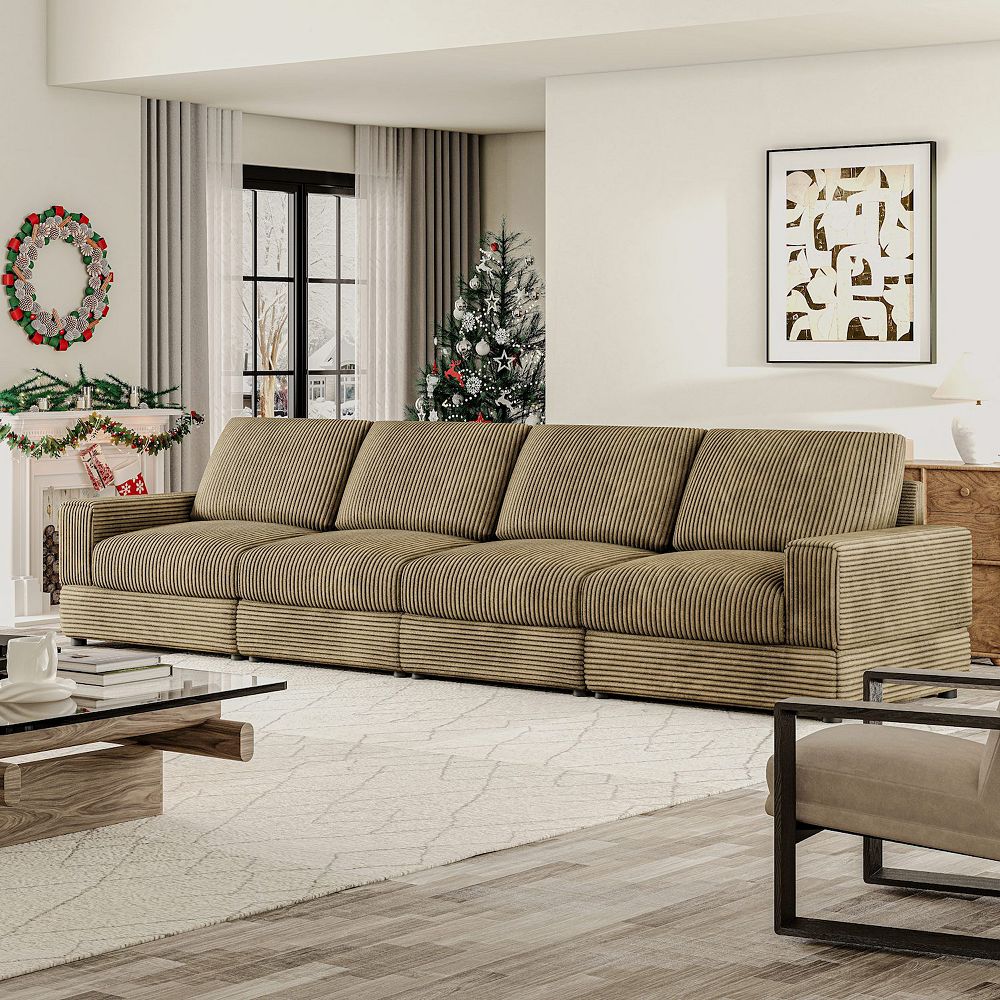 137.8''W Corduroy Sectional Couch, Comfy 4-seater Modular Sofa