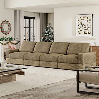 137.8''W Green Modular Couch, Oversized Corduroy Sectional Sofa, 4-Seater Sofa Bed for Living Room