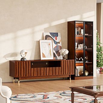 Modern Wood Entertainment Center for TVs up to 75", TV Stand and 4 tier Display Shelf, Brown