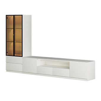 White Wood Entertainment Center Set for TVs up to 85'', Includes TV Stand & Glass Display Cabinet