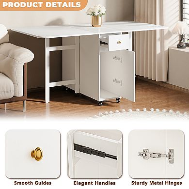 Folding Dining Table with Storage, Moveable Extendable Table for Kitchen and Dining Room, White