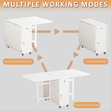 Folding Dining Table with Storage, Moveable Extendable Table for Kitchen and Dining Room, White