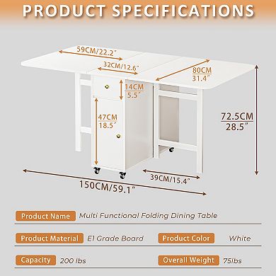 Folding Dining Table with Storage, Moveable Extendable Table for Kitchen and Dining Room, White