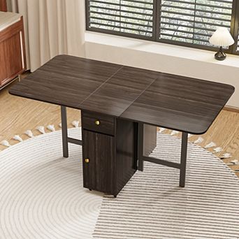 Folding Dining Table with Storage, Moveable Extendable Table for Kitchen and Dining Room, White