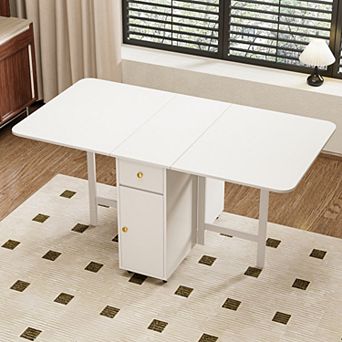Folding Dining Table with Storage, Moveable Extendable Table for Kitchen and Dining Room, White