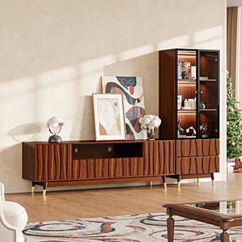 Modern Wood Entertainment Center for TVs up to 75", TV Stand and 3 tier Display Shelf with Drawers