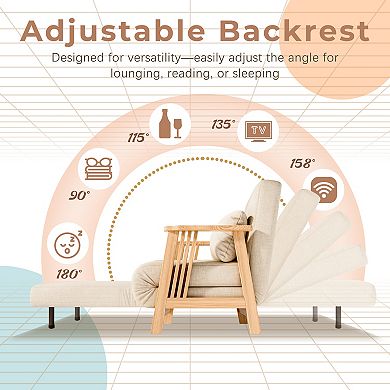 Modern Linen Folding Chair, Wood Cushion Recliner Accent Armchair White Sofa Bed, Two-piece Set