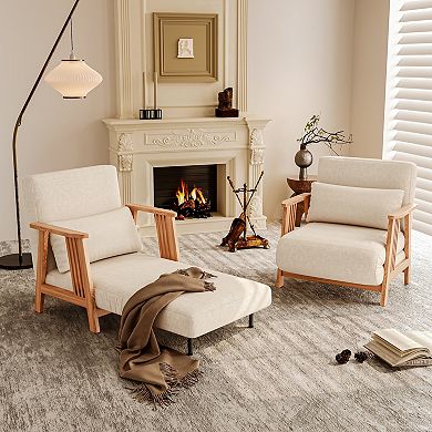 Modern Linen Folding Chair, Wood Cushion Recliner Accent Armchair White Sofa Bed, Two-piece Set