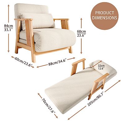 Wood Cushion Recliner Chair, Modern Linen Cushion Folding Accent Armchair White Sofa, Single