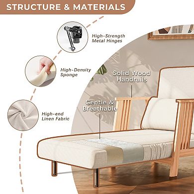 Wood Cushion Recliner Chair, Modern Linen Cushion Folding Accent Armchair White Sofa, Single