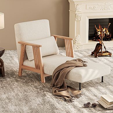 Wood Cushion Recliner Chair, Modern Linen Cushion Folding Accent Armchair White Sofa, Single