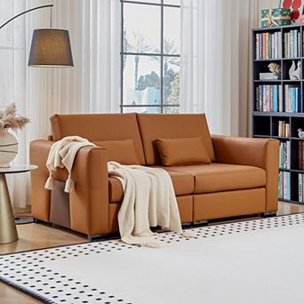 Orange Leather 3-seater Sofa with Wide Square Arms, Mid Century Modern Deep Seat Upholstered Couch
