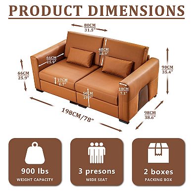 78" Orange Leather Modular Couch, Mid-Century Modern Sectional Sofa, Loveseat for Living Room