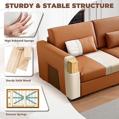 78" Orange Leather Modular Couch, Mid-Century Modern Sectional Sofa, Loveseat for Living Room