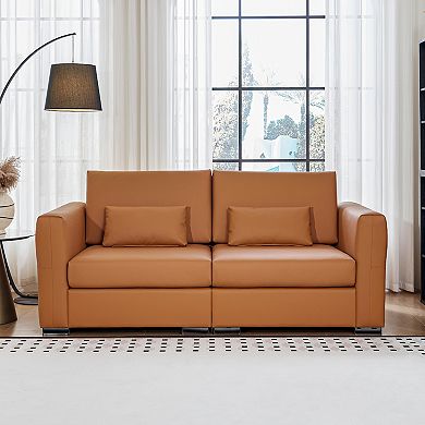 78" Orange Leather Modular Couch, Mid-Century Modern Sectional Sofa, Loveseat for Living Room