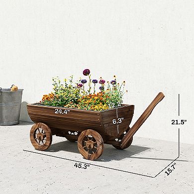 Outsunny Wooden Wagon Planter Box, Mobile Garden Planter with 4 Wheels