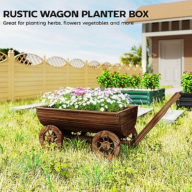 Outsunny Wooden Wagon Planter Box, Mobile Garden Planter with 4 Wheels