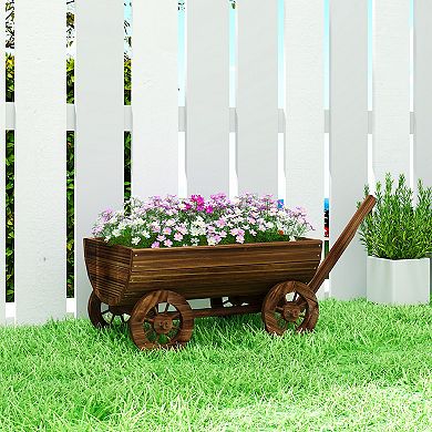 Outsunny Wooden Wagon Planter Box, Mobile Garden Planter with 4 Wheels