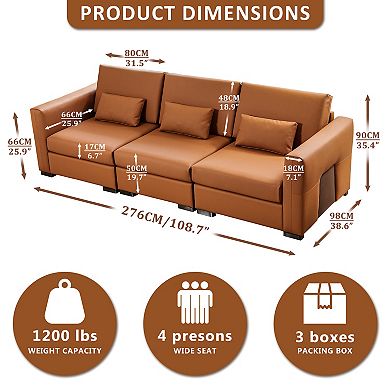 108.7" Leather Sectional Sofa, Mid-Century Modern Modular Couch, 4-seater Sofa Bed for Home, Orange