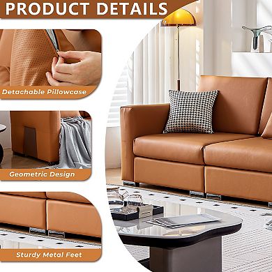108.7" Leather Sectional Sofa, Mid-Century Modern Modular Couch, 4-seater Sofa Bed for Home, Orange