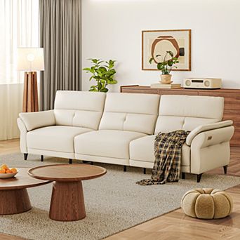 Modern Recliner Sectional 3-seater Sofa with Dual Motor, Leather Power Reclining Couch, White