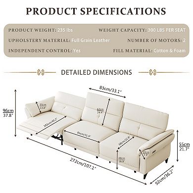 White Leather Electric Power Reclining Sofa Adjustable Sectional Couch, Modular 3-Seater Sofa Bed