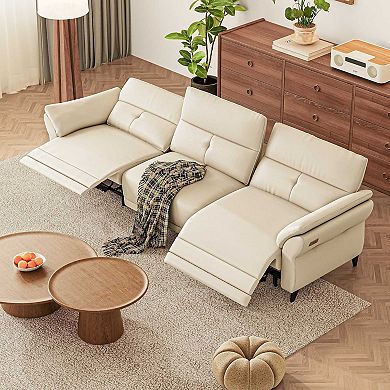 White Leather Electric Power Reclining Sofa Adjustable Sectional Couch, Modular 3-Seater Sofa Bed