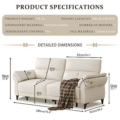 White Leather Electric Power Reclining Sofa Adjustable Sectional Couch, Modular Loveseat Sofa Bed