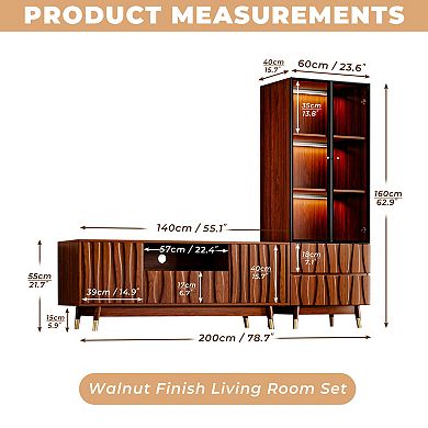78.7'' Walnut Finish Entertainment Center for TVs up to 55", Wood TV Stand and 3-tier Display Shelf