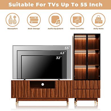 78.7'' Walnut Finish Entertainment Center for TVs up to 55", Wood TV Stand and 3-tier Display Shelf