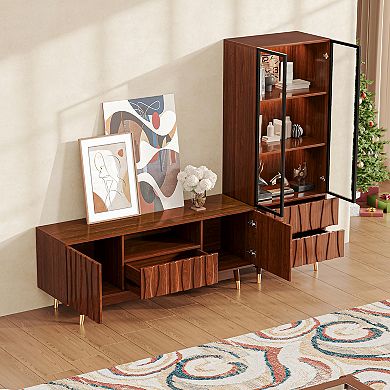 78.7'' Walnut Finish Entertainment Center for TVs up to 55", Wood TV Stand and 3-tier Display Shelf
