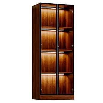 Walnut Finish Glass Display Cabinet with Storage for Kitchen, Brown Mid Century Modern Hutch Cabinet