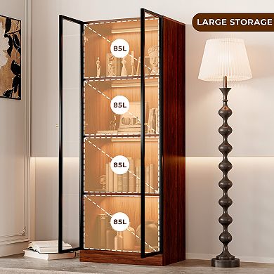 Walnut Finish Glass Display Shelf with Storage for Kitchen, Brown Mid Century Modern Hutch Cabinet