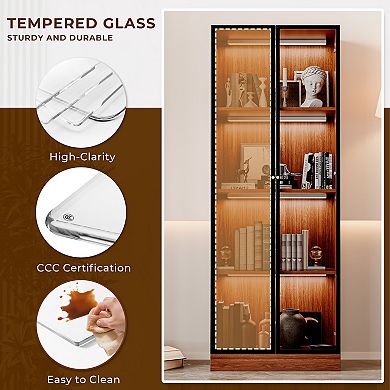 Walnut Finish Glass Display Shelf with Storage for Kitchen, Brown Mid Century Modern Hutch Cabinet