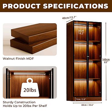 Walnut Finish Glass Display Shelf with Storage for Kitchen, Brown Mid Century Modern Hutch Cabinet