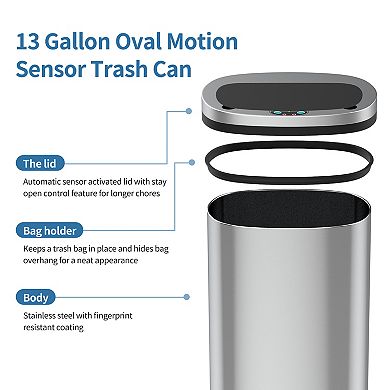 13 Gal./50 Liter Stainless Steel Oval Motion Sensor Trash Can for Kitchen