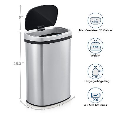 13 Gal./50 Liter Stainless Steel Oval Motion Sensor Trash Can for Kitchen