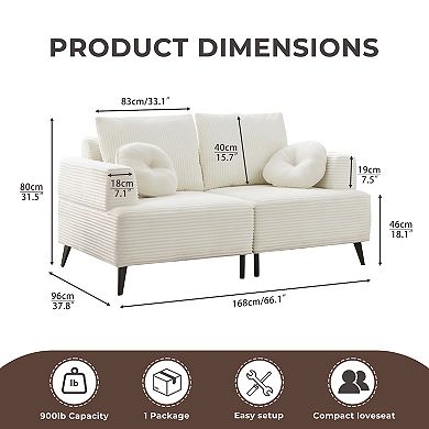66.1"W White Corduroy Couch, Modern Comfy Cushion Sectional Sofa, Upholstered Loveseat with Pillow