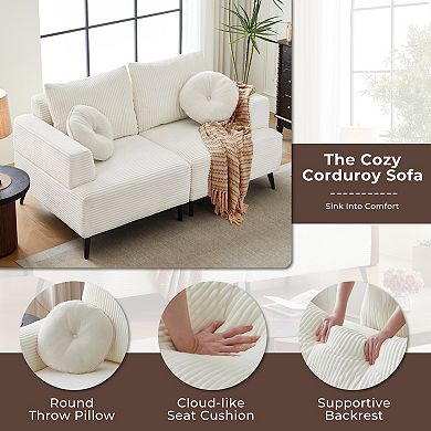 66.1"W White Corduroy Couch, Modern Comfy Cushion Sectional Sofa, Upholstered Loveseat with Pillow